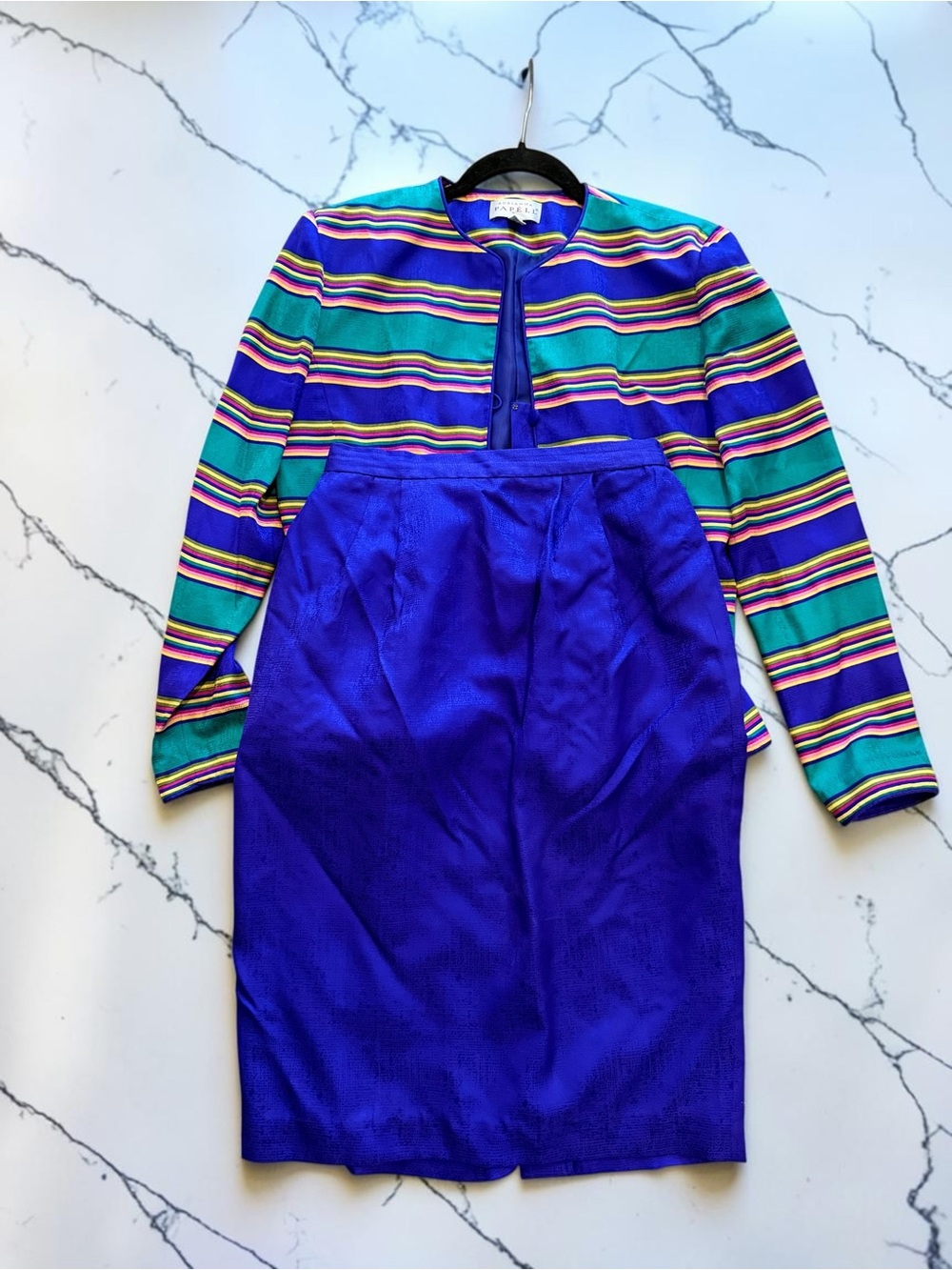 Adrianna Papell Vintage Silk Skirt Suit Set Purple Striped Jacket Size 8